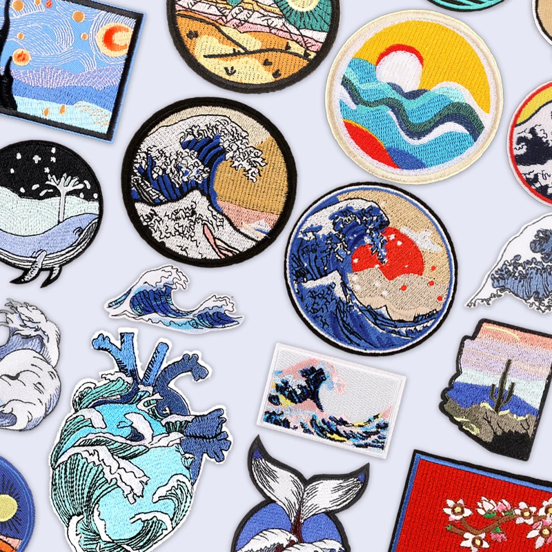 Patches für Jacken, Outdoor-Kleidung, Meereswellen, Naturlandschaft, Walstreifen, Parches, zum Aufbügeln, bestickter Stich, DIY-Designer, zum Aufnähen – Detail 31