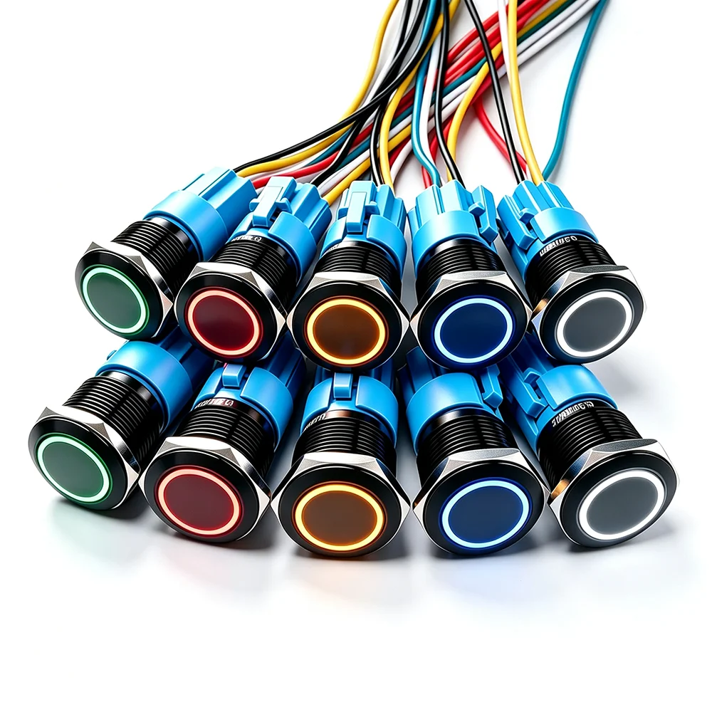 10 szt. Metalowy przyciskowy przełącznik 12V 16mm 19mm 22mm Czarna lampa pierścieniowa Wodoodporny LED Samozatrzaskowy Przycisk Resetujący Przełącznik Startowy Samochodu 5V Niebieski — 2