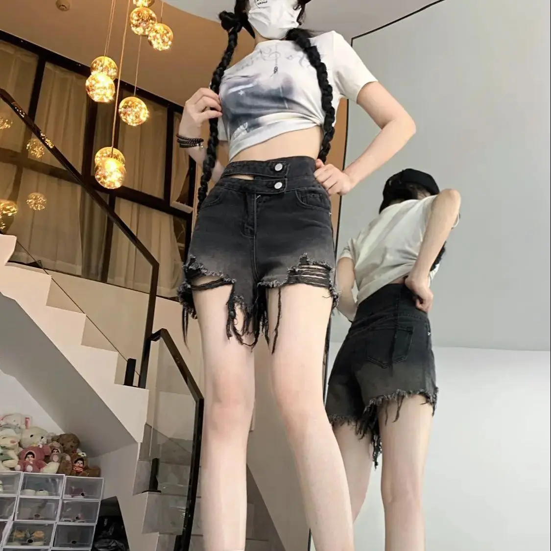 American Hot Girl Style Gradient Color Jeans Women Summer New Loose Slim Wide-Leg Shorts High Waist Wash Old Pants