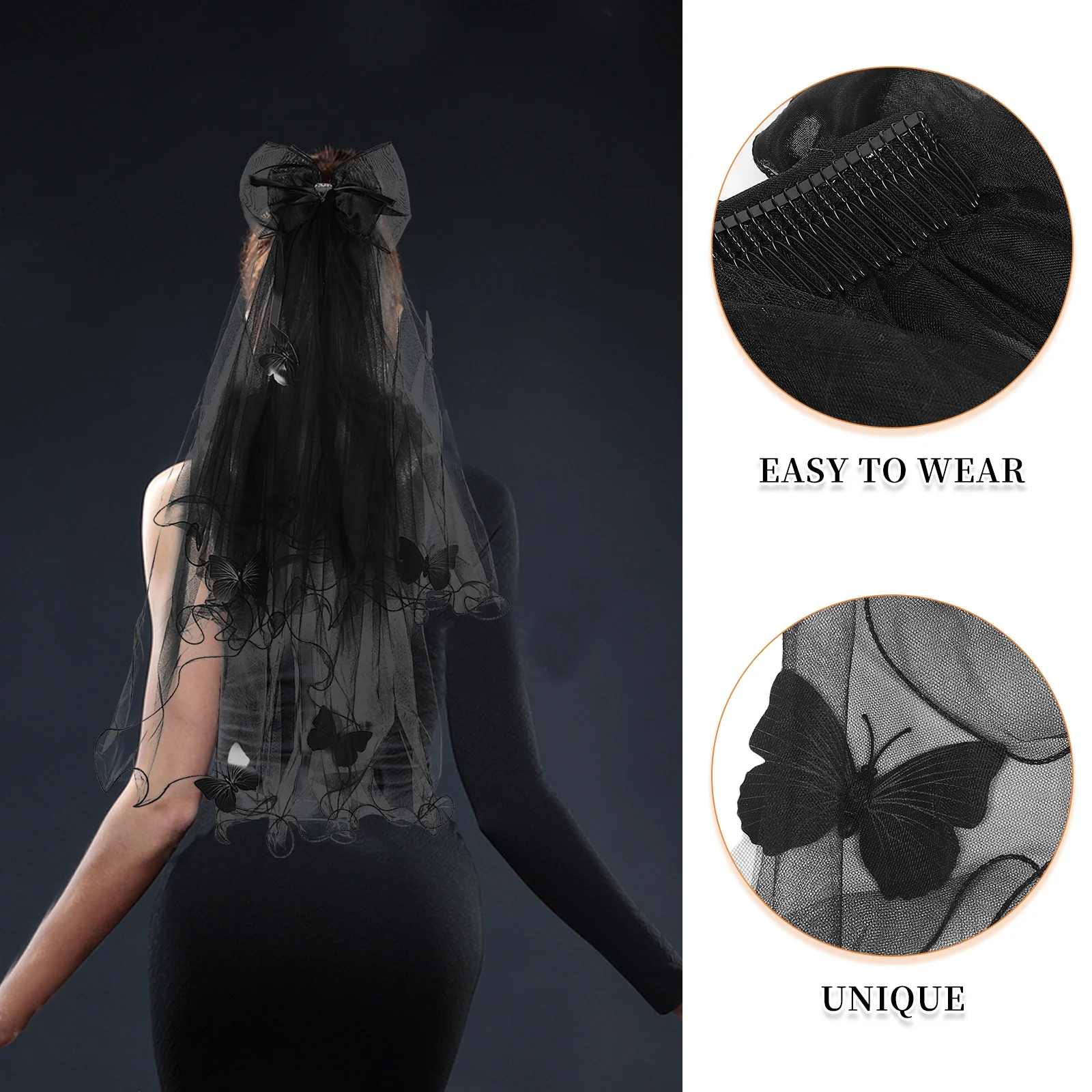 حجاب على شكل فراشة سوداء على الطراز القوطي للهالوين، غطاء رأس للزفاف، شبكي قصير مع مشبك فيونكة لعيد العروس مصاص الدماء الموتى