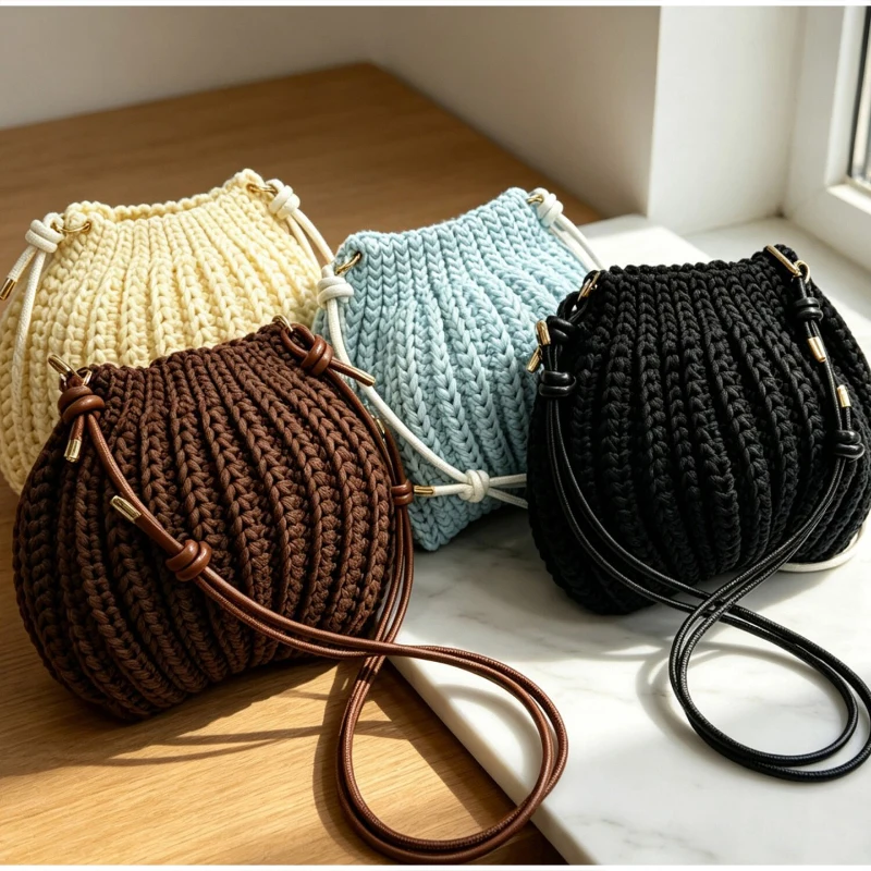 Handgefertigte Gestrickte Garn-Umhängetasche, Vielseitige Einfarbige Messenger-Tasche für Damen, Leichte Weiche Gewebte Schultertasche – Detail 1