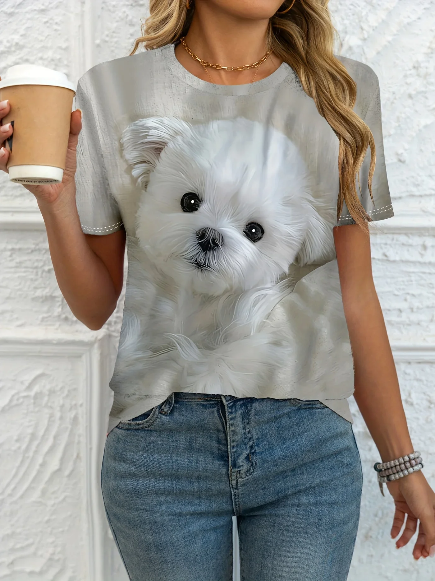 Adorable Yorkshire Terrier Dog Print, Soft Polyester Blend Crew Neck Tee for Casual Attire, Ladies T Shirts