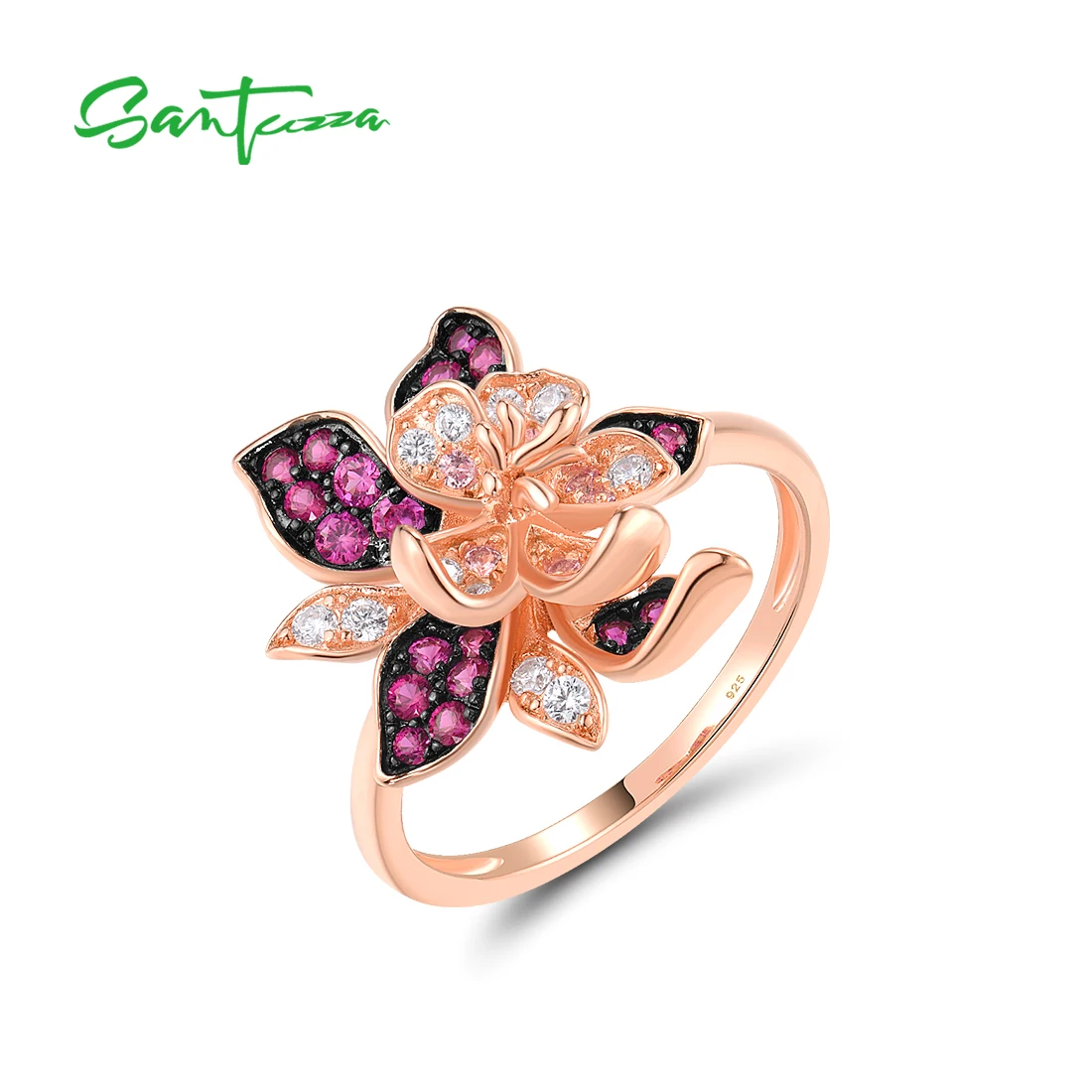 

SANTUZZA Real 925 Sterling Silver Ring For Women Sparkling Created Pink Sapphire Charming Flower Chic Wedding Gifts Fine Jewelry