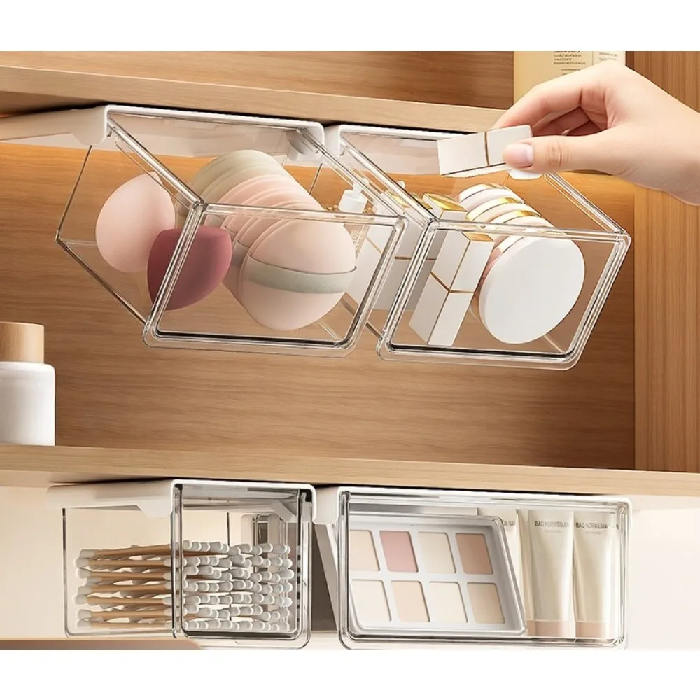 Plastic Drawer Style Storage Box Self Adhesive Large Capacity Makeup Storage Container Transparent Space Saving