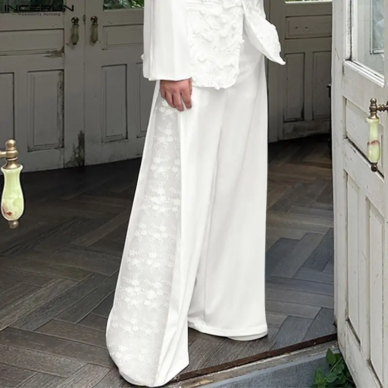 

INCERUN мужские широкие брюки жаккардовые лоскутные брюки на пуговицах для бега свободные брюки мужская уличная одежда 2026 модные повседневные мужские длинные брюки