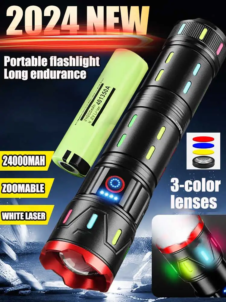 10000mah 2024 Power Spotlight LED Flashlight With Fluorescent Absorbing Film Luminous Colorful Tactical Torch With Power Display