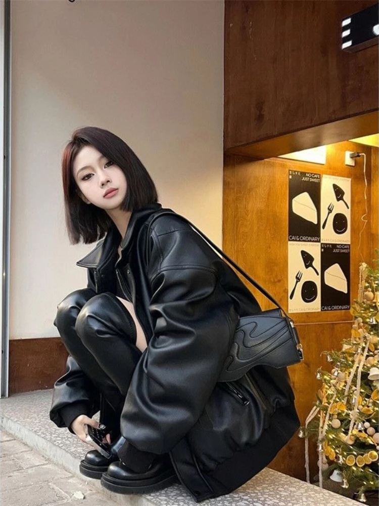 Causal Black Zipper Leather Jacket Women Punk Style Korean High Street Leather Jacket 2025 Autumn Retro Fashion Moto Coat Pocket