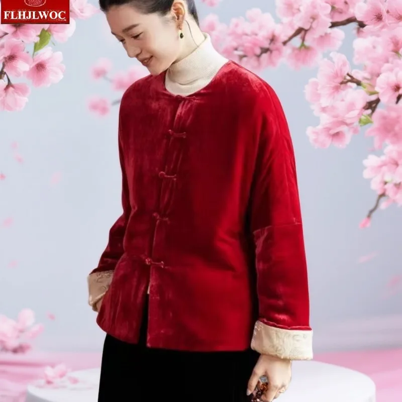 Capodanno Natale Rosso Elegante Capispalla Cappotti Caldo Inverno Stile Cinese Office Lady Solid Piumino Donna Retro Vintage Parka
