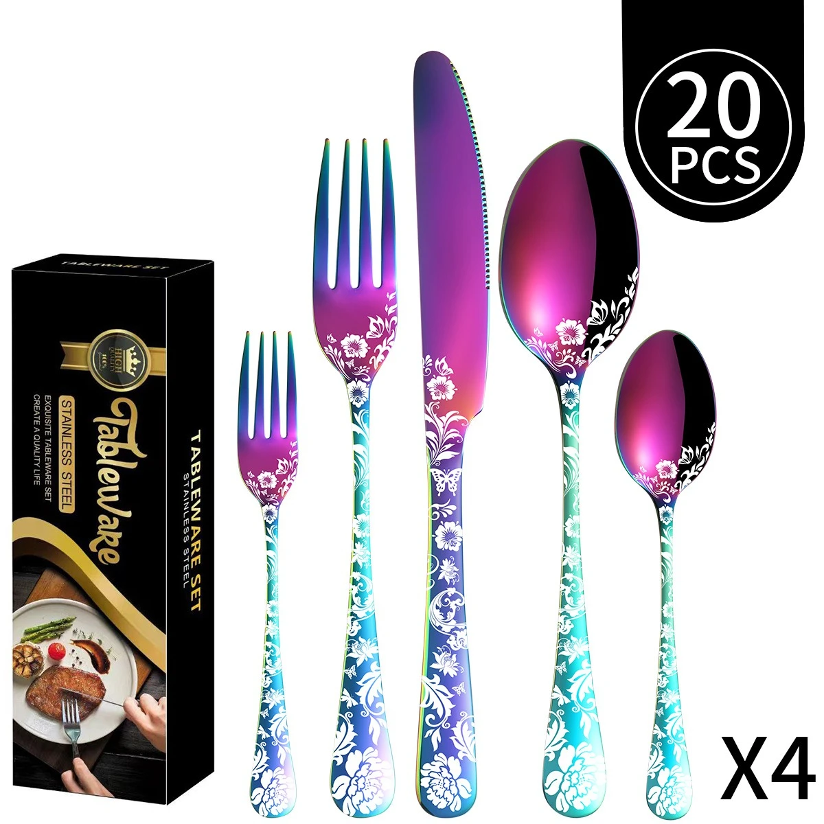 

16pcs or 24pcs Complete Chinese Dragon & Auspicious Cloud Dinnerware Set - Laser-Engraved Iridescent Purple/Blue/Pink/Golden...