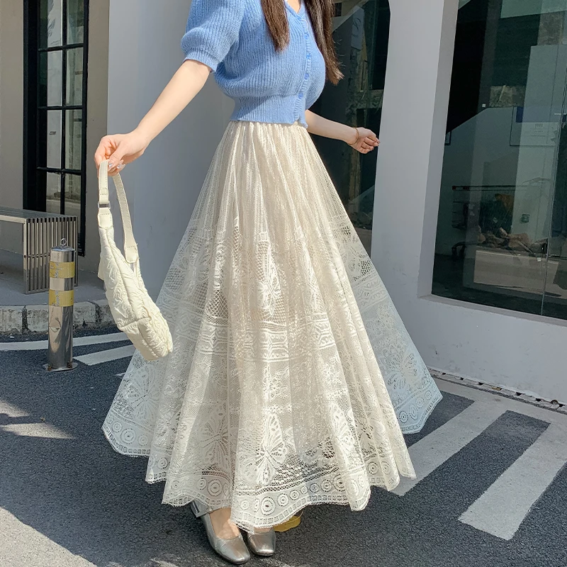 2025 Spring Summer New Solid High Waisted Mid Length A-line Pleated Skirt and Large Swing Hollow Long Skirt Lace Elegant Skirt