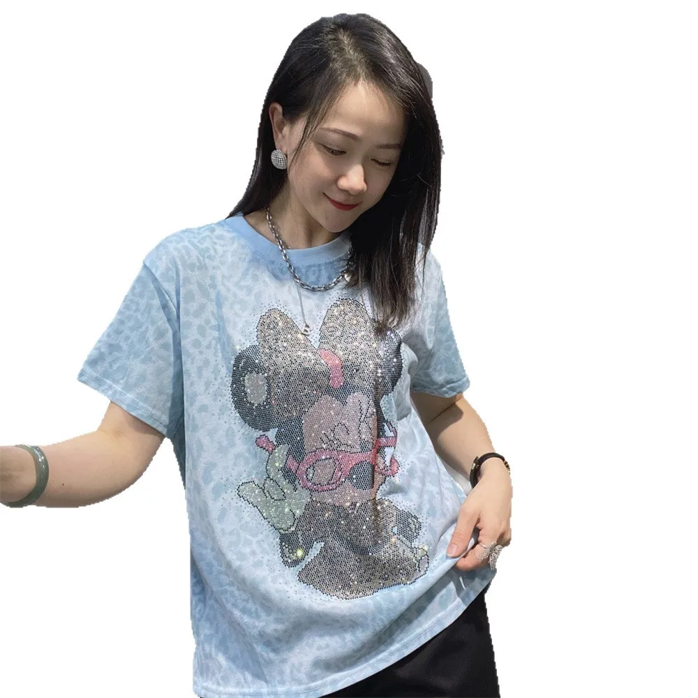 

Cartoon Hot Diamond Short-sleeved T-shirt Women's Leopard Print Round Neck T-shirt Summer New Fashion Half-sleeved Tops
