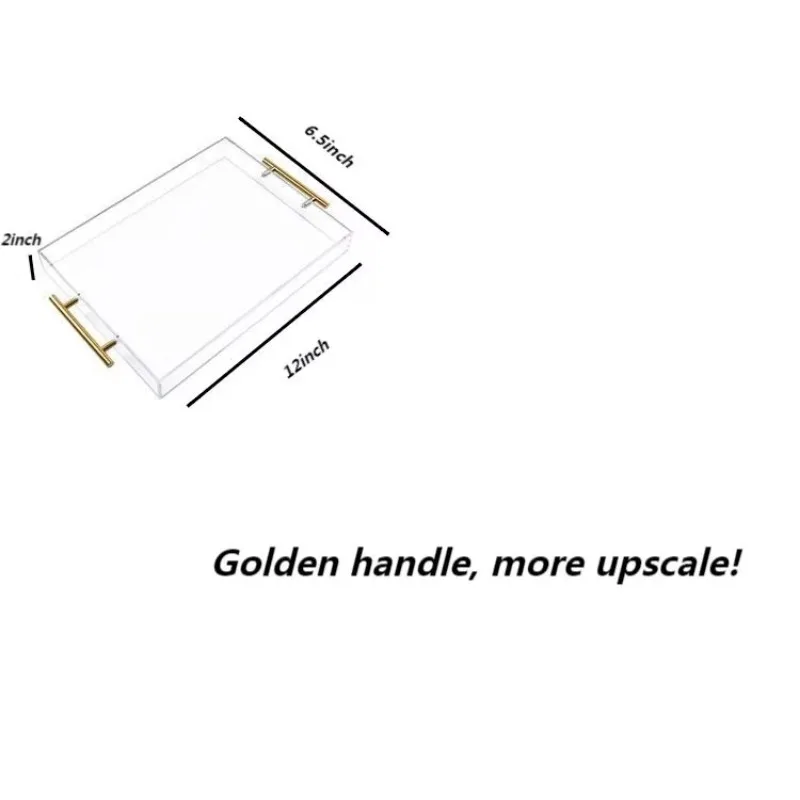 Wholesale modern acrylic rectangular service tray and display box with gold handle, suitable for kitchen and home use