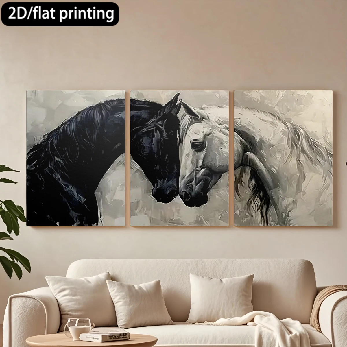 

Декоративная картина на холсте с 2D-печатью, 3-х частная, в деревянной раме. Два коня, черно-белые, с изображением конского рта. Декор для коридора и спальни.