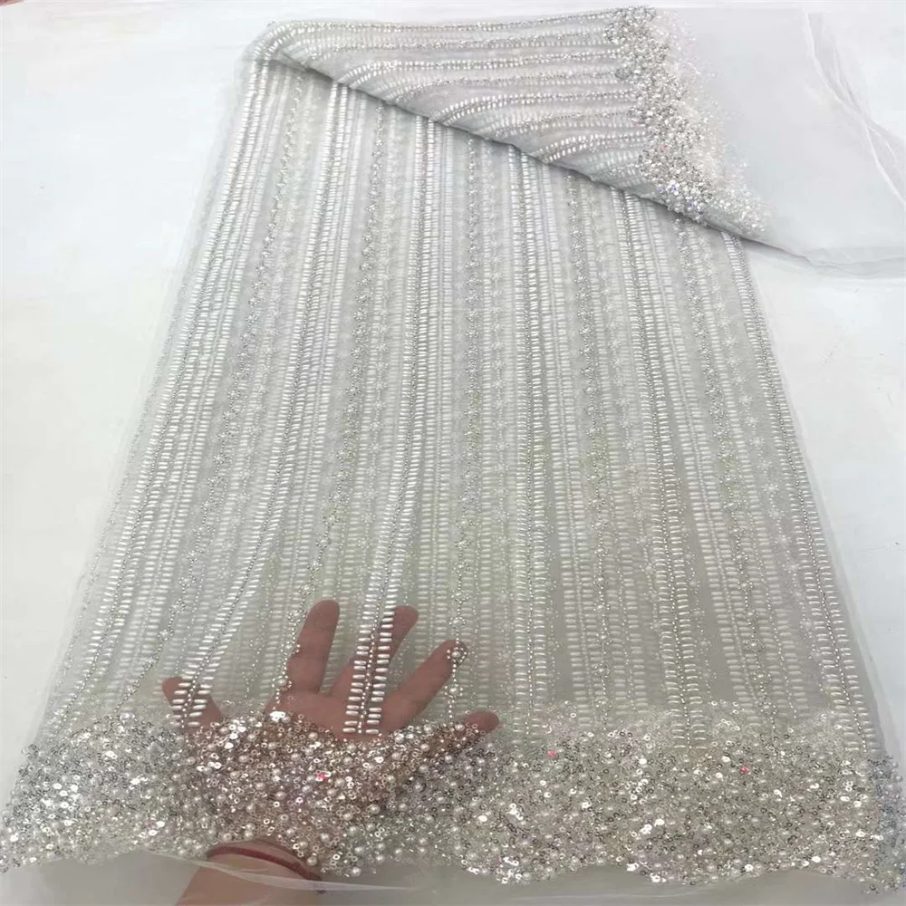 

Newest African Luxury Handmade Beaded Mesh Lace Fabric 2024 French Sequins Tulle Lace Fabric Fo Nigeria Women Party Dress Sewing