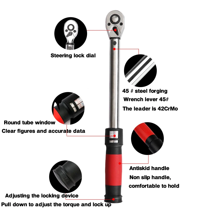 Torque Key Wrench Tool 1/4 3/8 1/2 Inch Square Drive Two-Way Precise Preset Mirror Polish Spanner Accurately Torque 6-220N.M