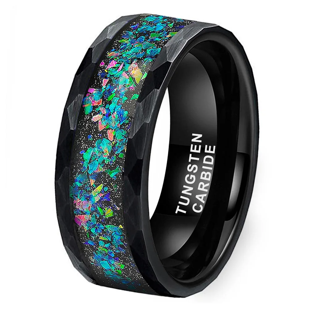 

Электрическое кольцо из черной вольфрамовой стали с измельченным синим и зеленым романтическим мужским кольцом из звездного неба и опала