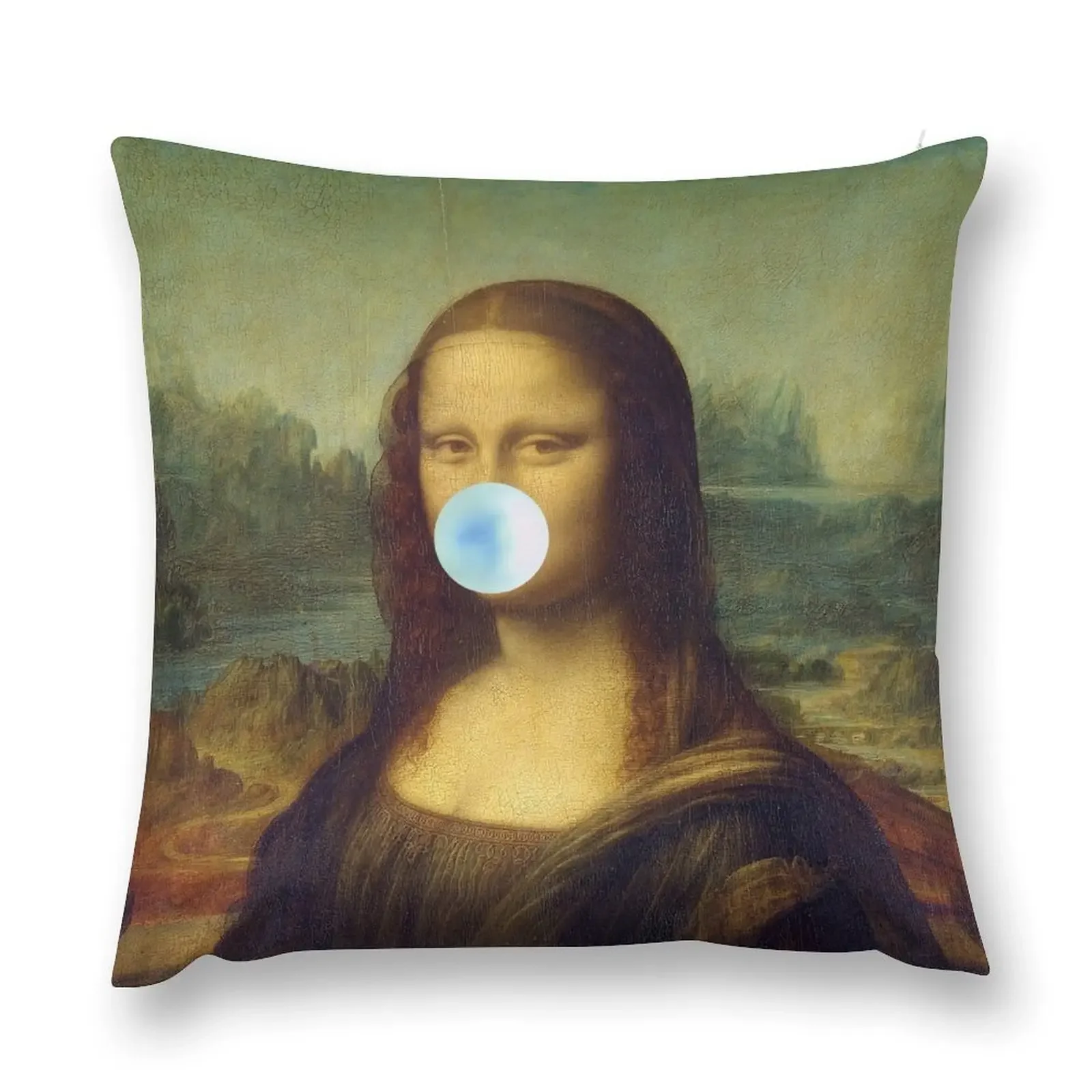 Mona Lisa chewing blue bubble gum Funny Painting Throw Pillow Decorative Cushions For Living Room Christmas Covers pillow