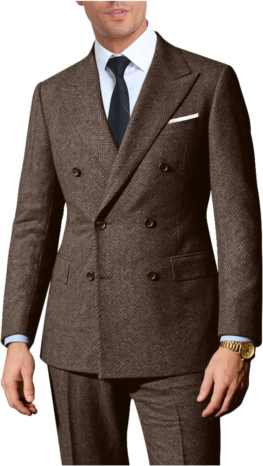 

Retro 2 Pieces Suit Men Slim Fit Formal Double Breasted Tweed Herringbone Men Suit Jacket Pants Set Wedding Tuxedo