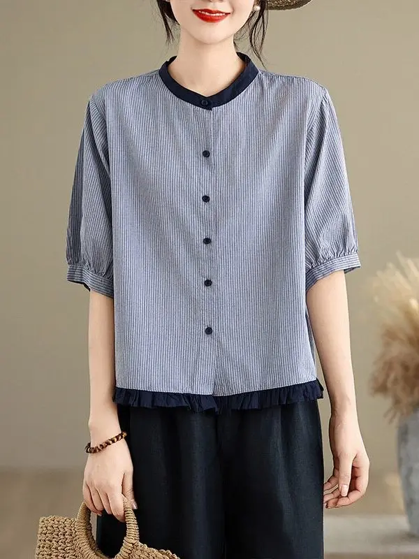 Summer Casual Women's Shirt Shorts Set Elastic Waist Harlan Style Short Sleeve Striped Shirt Wooden  Collar Button up Top