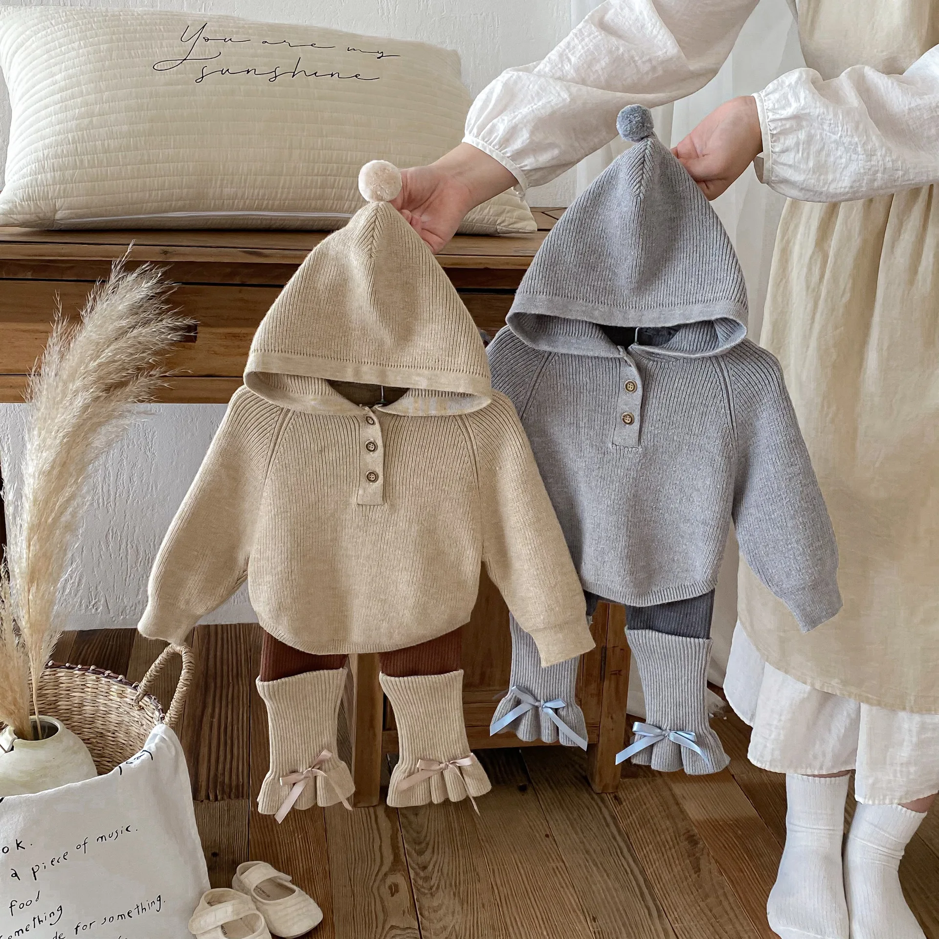 

Baby Girl Spring and Autumn Knitted Sweater Two Piece Set Korean Trendy Simple Hooded Sweater Pants Set