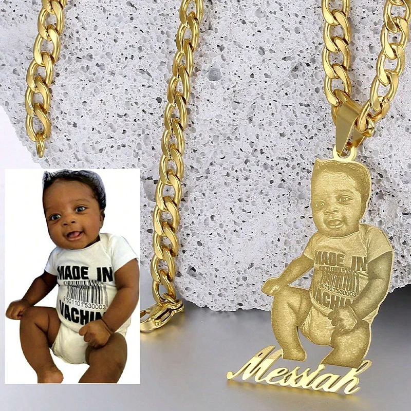 Customized Engraved Photo Necklace Stainless Steel Gold Adjustable Cuban Chain Personalized Pendant With Text Customize Gift
