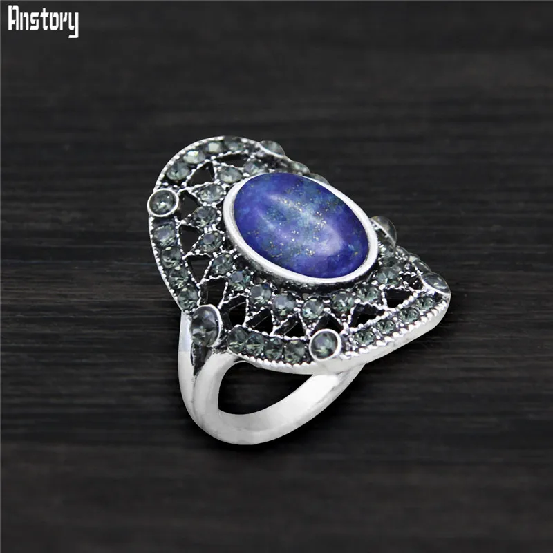 

Vintage Look Natural Lapis Lazuli Quartz Stone Rings For Women Antique Silver Plated Plumflower Rhinestone Fashion Jewelry