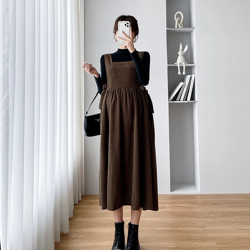 Autumn Pregnant Women's Strap Dress with Bowknots Sleeveless Square Collar Maternity Corduroy Dress High Waist Pregnancy Dresses