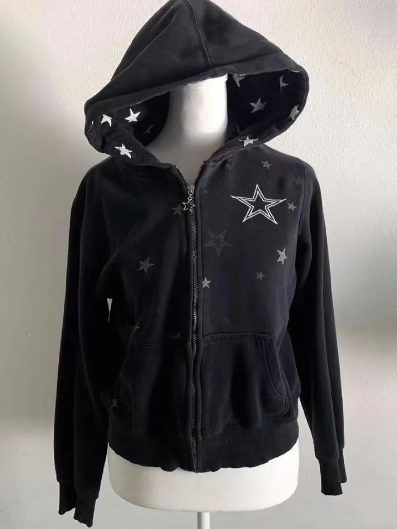 

New Star Graphic 90s Vintage Hooded Cardigan Hoodie Jacket For Women Gothic Hip Hop Y2k Zip Up Sweatshirts Emo Outerwears Female