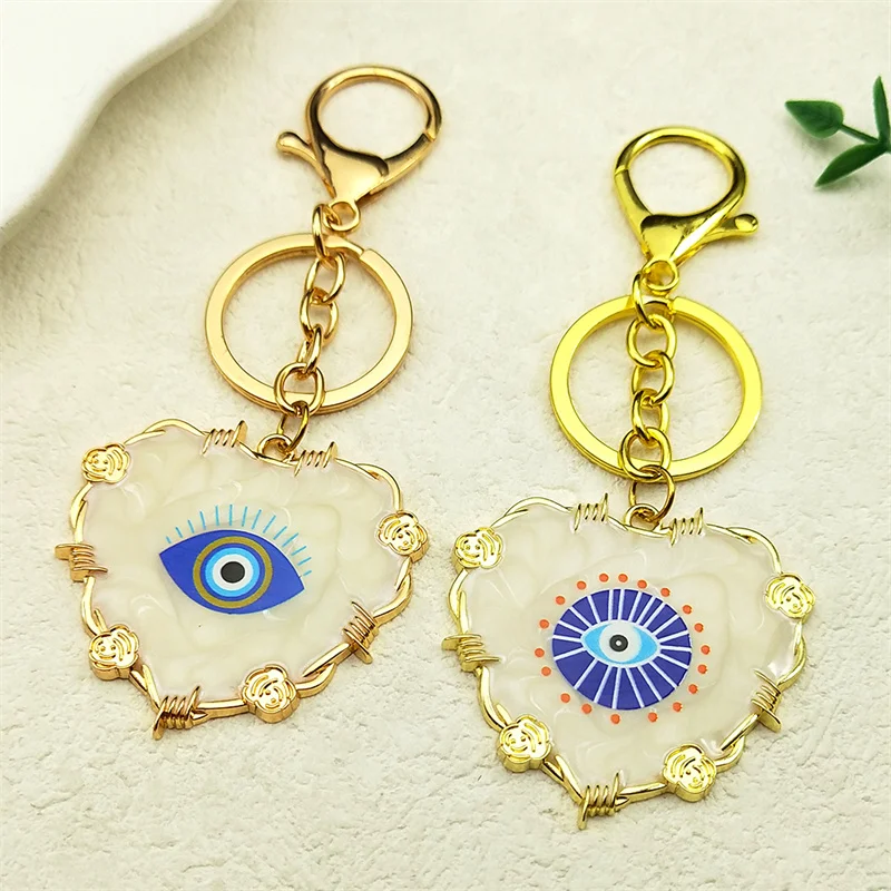 

Heart Love Blue Eyes Keychain For Women Men Stainless Steel Gold Color Flower Turkish Eyes Amulet Bag Motor Keyholder Jewelry