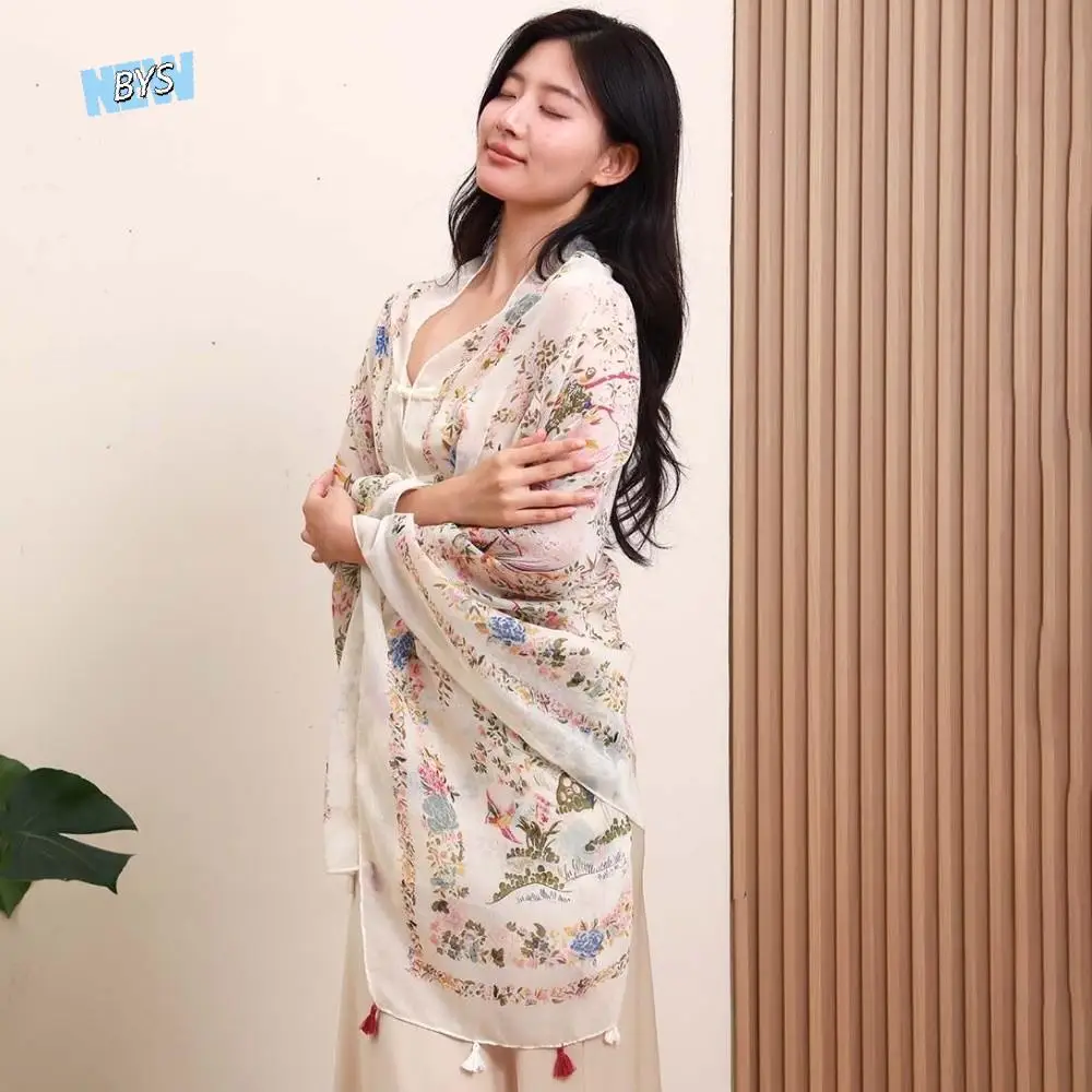 

Sweet Breathable Women Floral Scarf Frog Button Tie-dye Thin Large Shawl Lightweight Long Sunscreen Headscarf Neck Decoration
