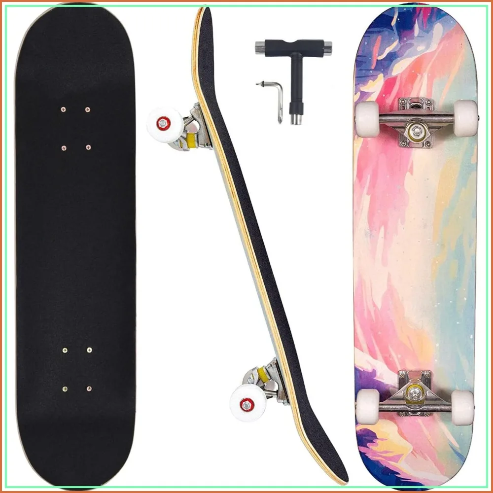 

31 Inch Complete Skateboard for Beginners Adults Kids Teens 7 Layer Maple Double Kick Concave