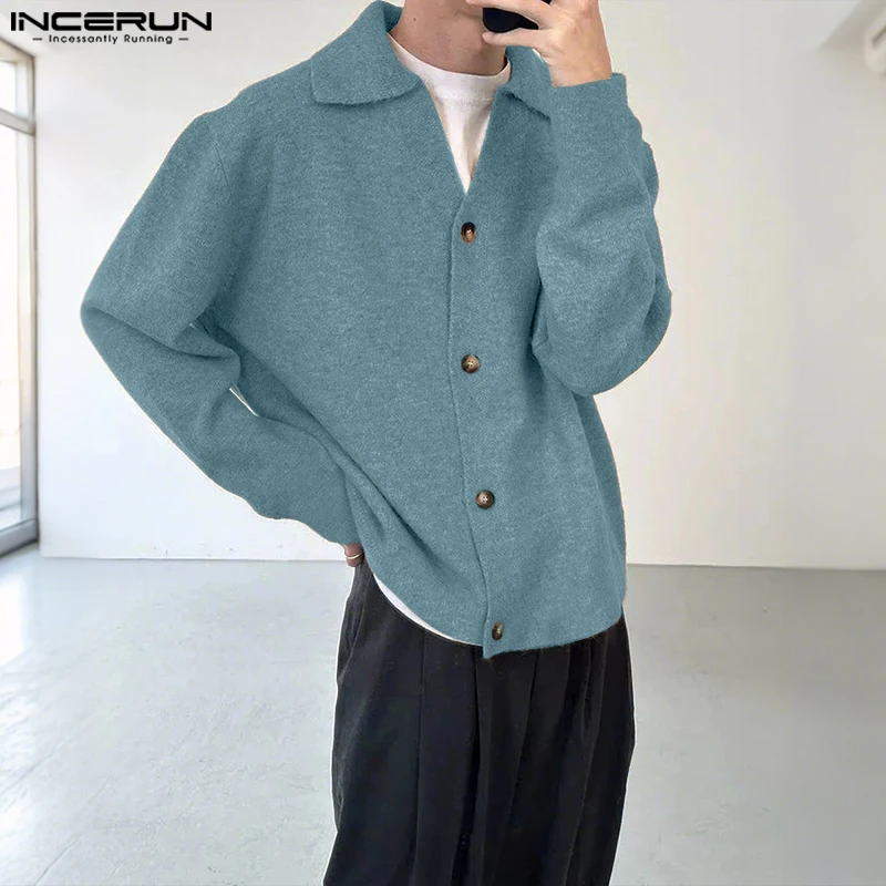 INCERUN-cárdigan de punto de Color liso para hombre, suéter de manga larga con solapa para hombre, suéter informal holgado de estilo coreano 2025, abrigos para hombre