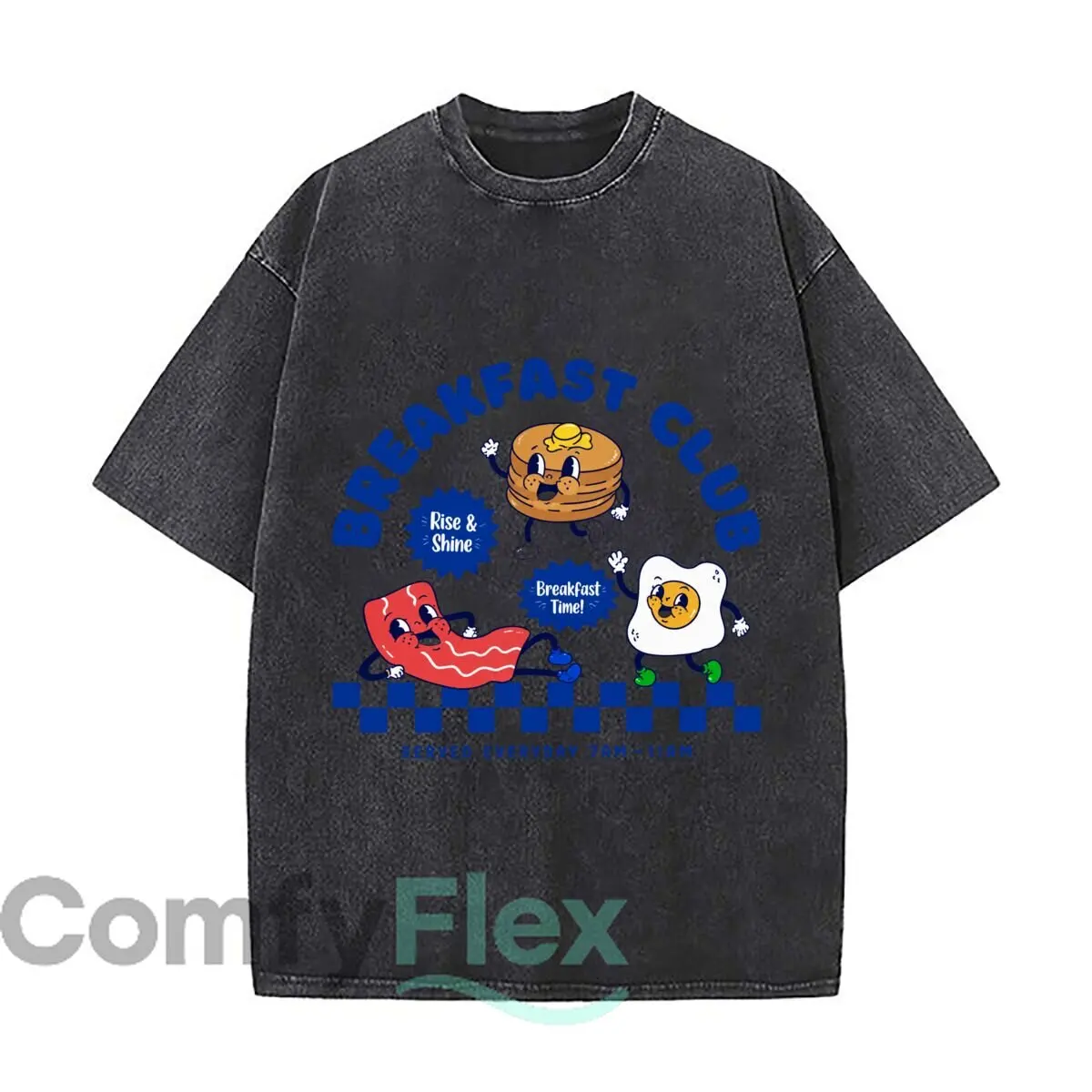 Breakfast Club Rise And Shine Breakfast Time Served Everyday 7AM 11AM Pancake Bacon Egg Washed Vintage Short Sleeve Tee