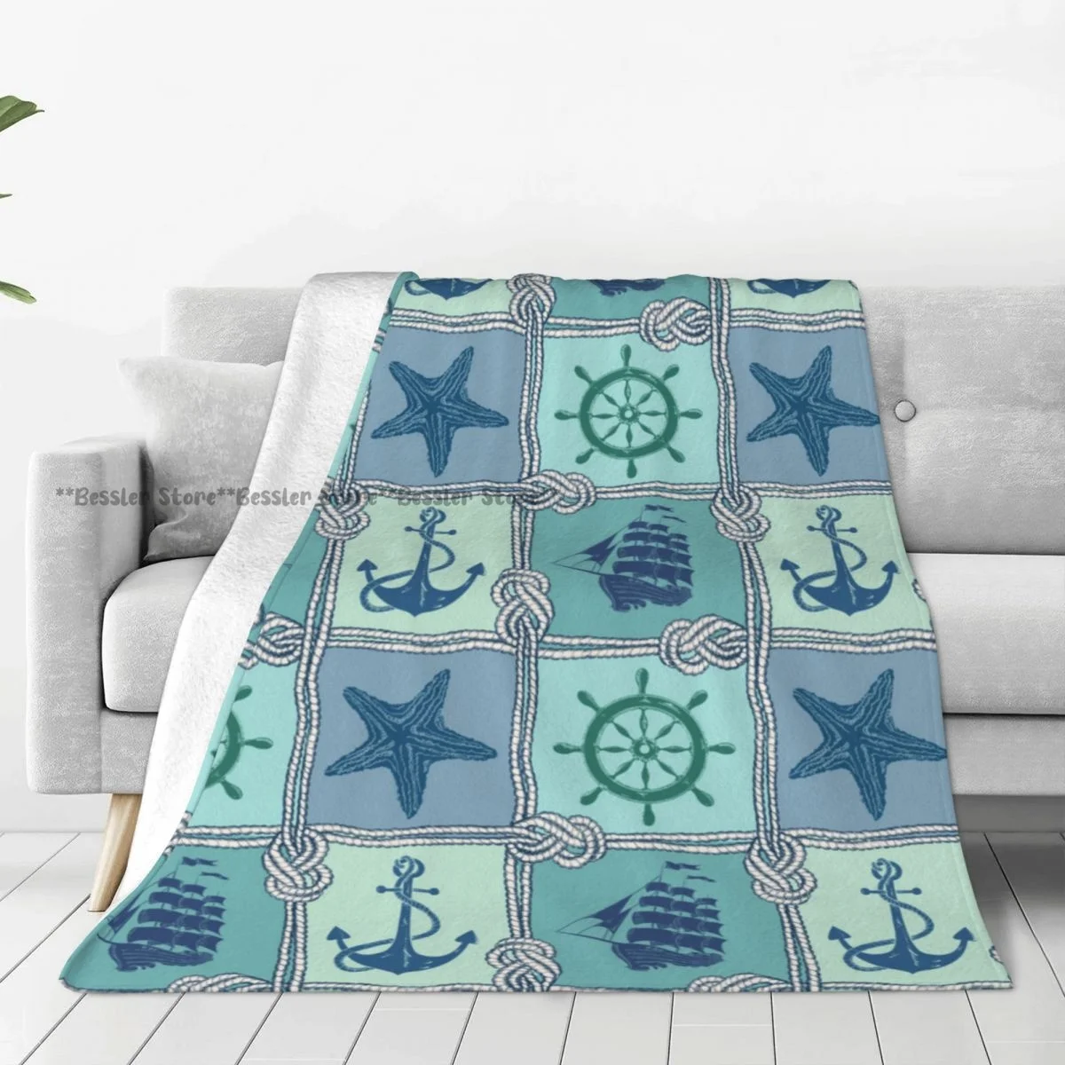 Soft Blanket Nautical Patchwork Rope Starfish Sailing Ship Anchor Helm Winter Sofa Throw Light Mechanical Wash Flannel Blanket