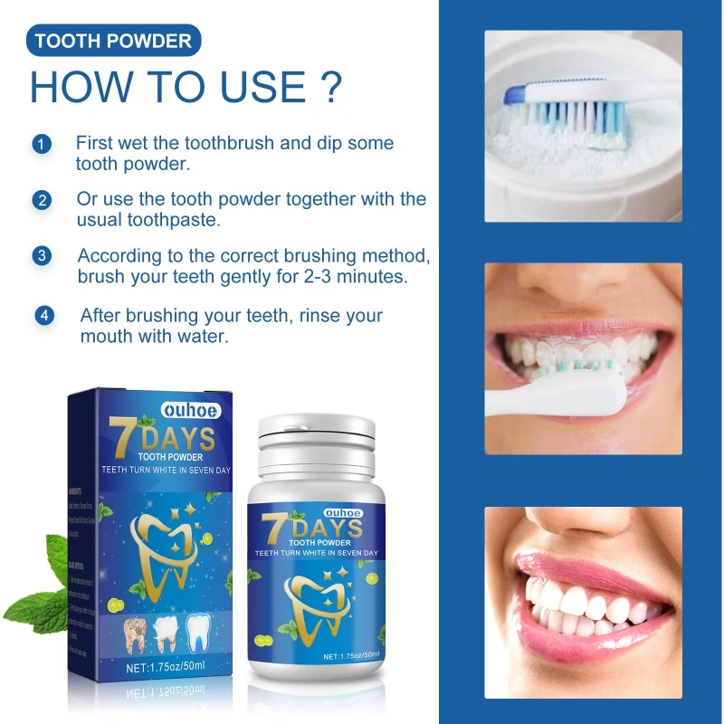 7 Days Teeth Whitening Powder Cleaning Beauty Teeth Remove Yellow Plaque Smoke Stains Fresh Breath Oral Dental Care Tool