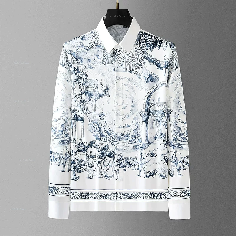 Men's new fashionable and personalized niche-oriented printed light luxury trendy men's high-quality long-sleeved shirt