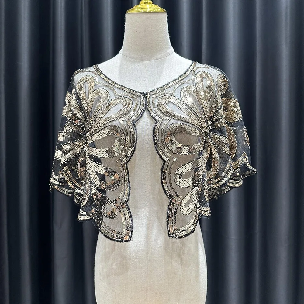 

Винтажная шаль 1920-х годов, дышащая сетка с цветочным узором, вечерние шаль с блестками и бусинами, легкая шаль из бисера для свадьбы