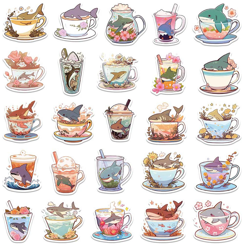 10/30/50pcs Cute Shark Cup Cartoon Stickers Decals Waterproof Graffiti Stationery Phone Case Diary Kawaii Kids DIY Sticker Toys