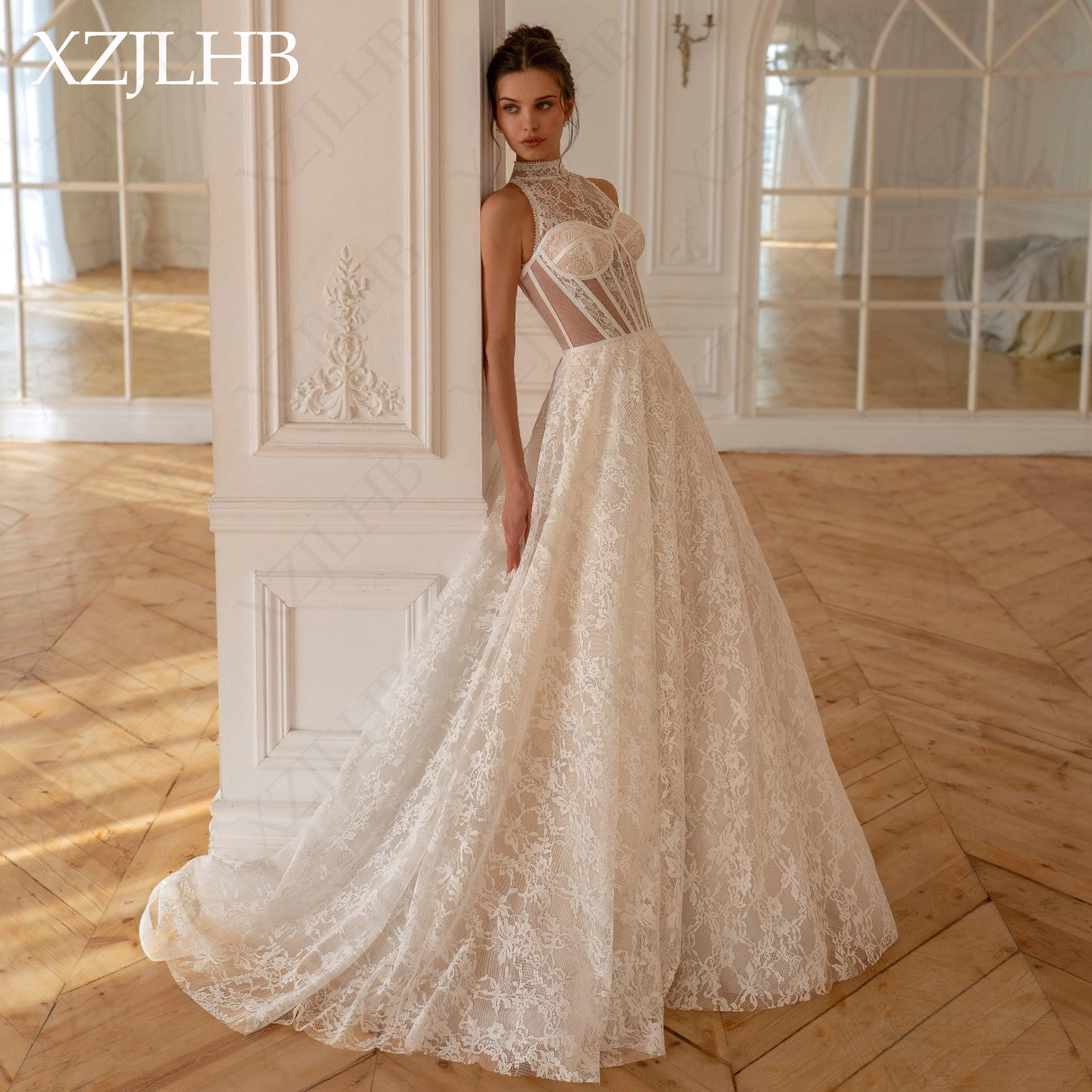 

High Neck Lace Wedding Dresses with Corset Bodice Illusion Open Back Bride Dresses Custom Made Vintage A Line свадебное платье