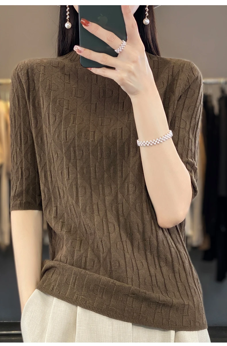 Women New Soft Diamond Letter Design Sweater Half-high Collar Three Quarter Sleeve Pullover Spring Summer Casual Knit Slim Top