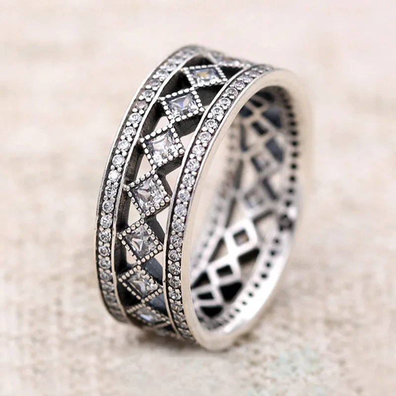 Pave Clear CZ Ring Vintage Fascination Wide Openwork Square Band Girl Women Gift Lady Jewelry High Quality