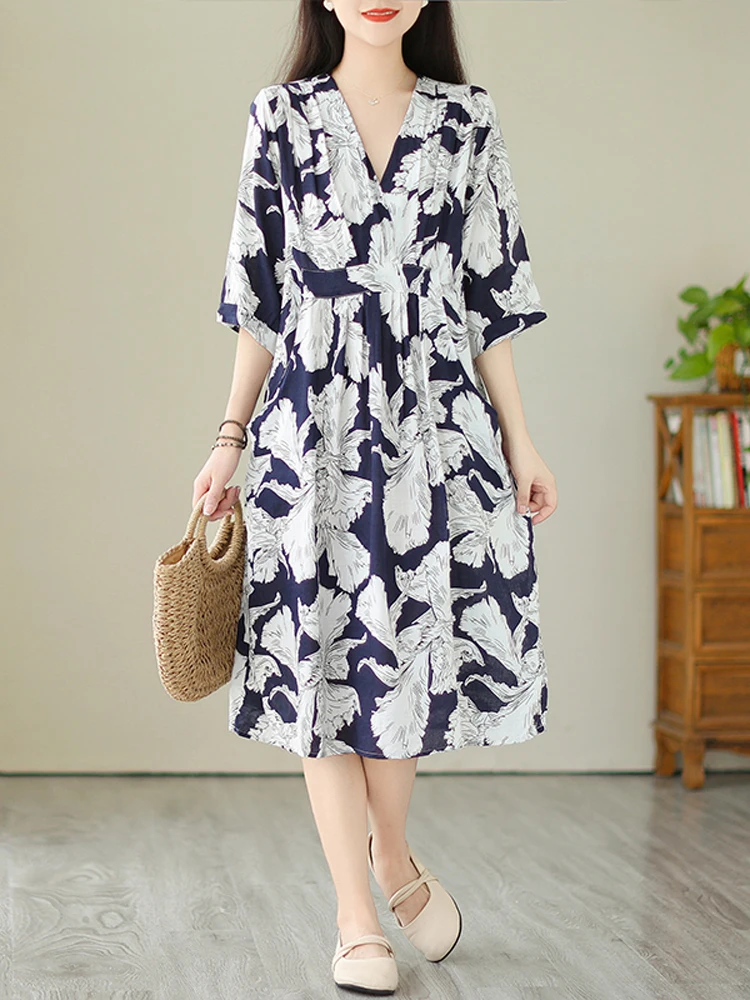 

NYFS 2024 Summer New Korea Woman Dress Vestidos Robe Ete Femme Elbise Loose Cotton Print Half Sleeve Long Dresses