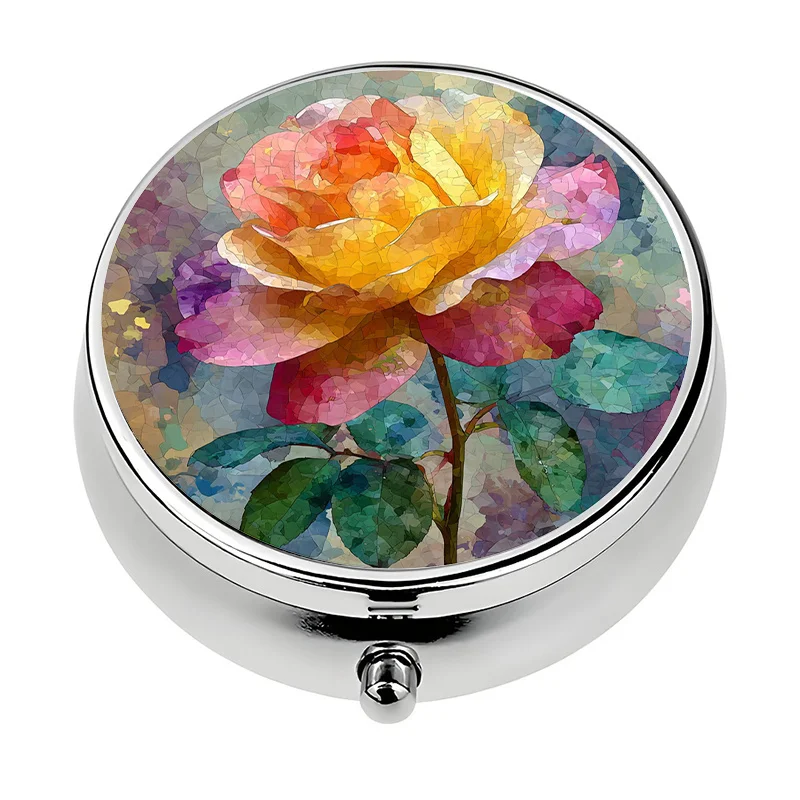 1 piece of 3-compartment colorful rose-themed storage box, suitable for storing medicine, portable for handbags or purses