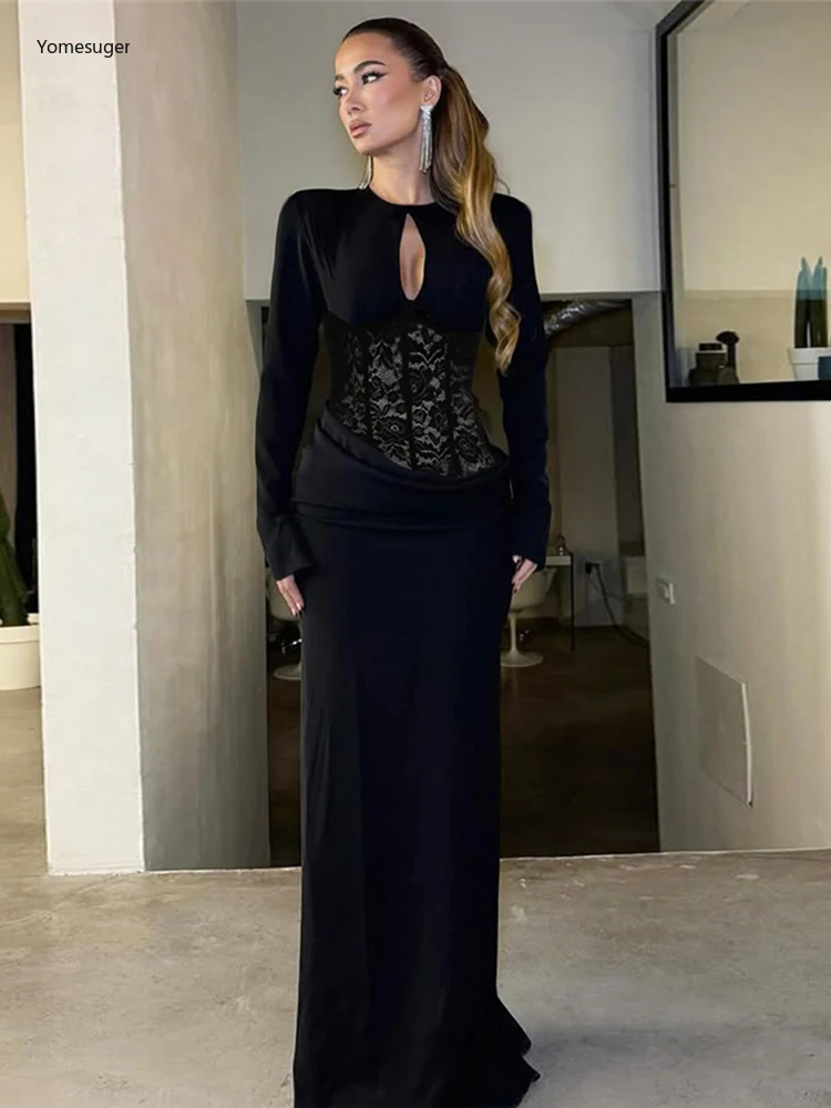 Elegancka sukienka maxi Yomesugar z żakardową koronką, czarna, damska, seksowna, z wycięciem na biuście, marszczona, obcisła, wieczorowa, na studniówkę, imprezę, do klubu.
