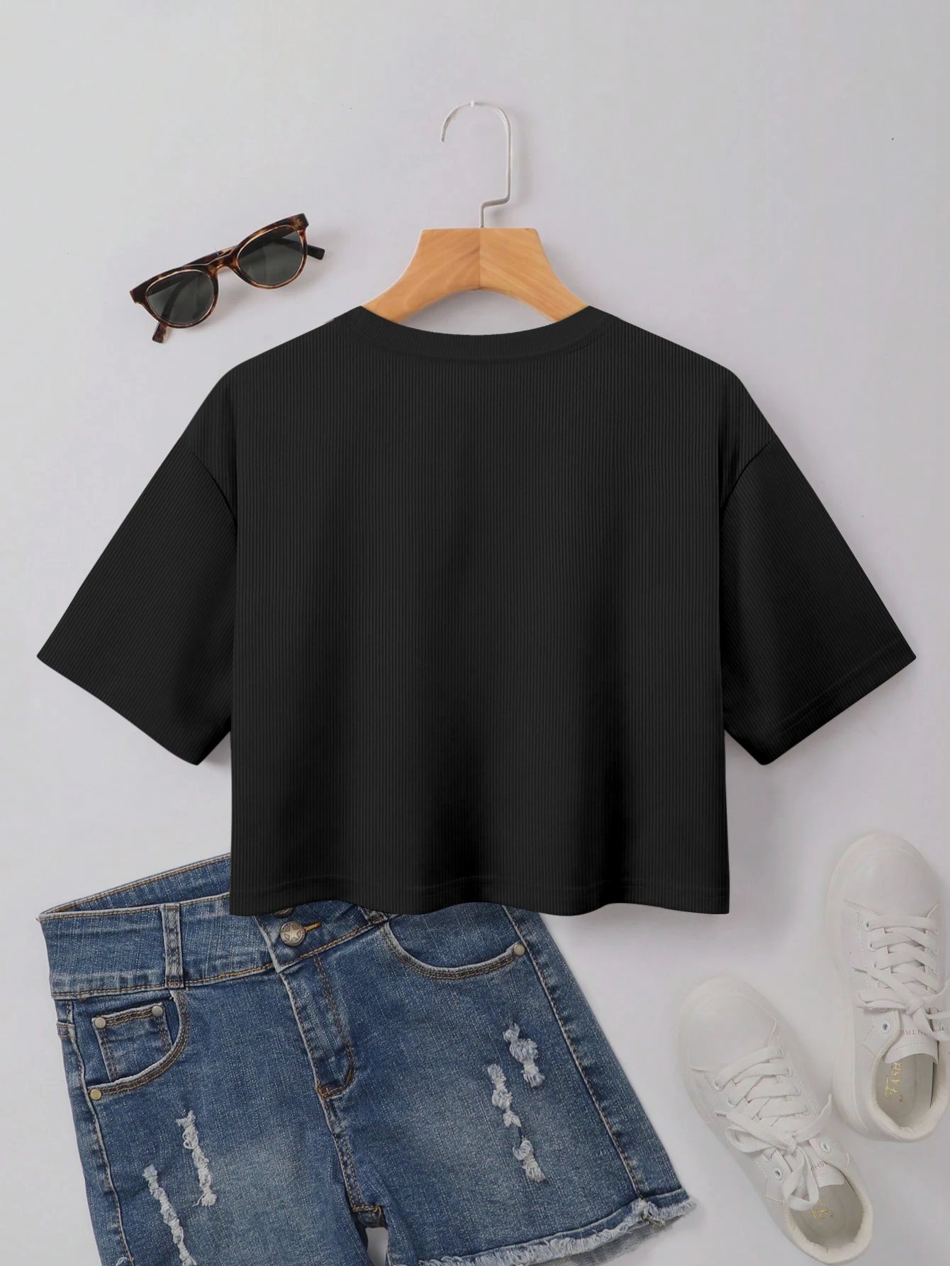 Women Basic Vertical Ribbed Cropped Tshirt Drop Shoulder Short Sleeve Solid Summer Casual Crop Tops