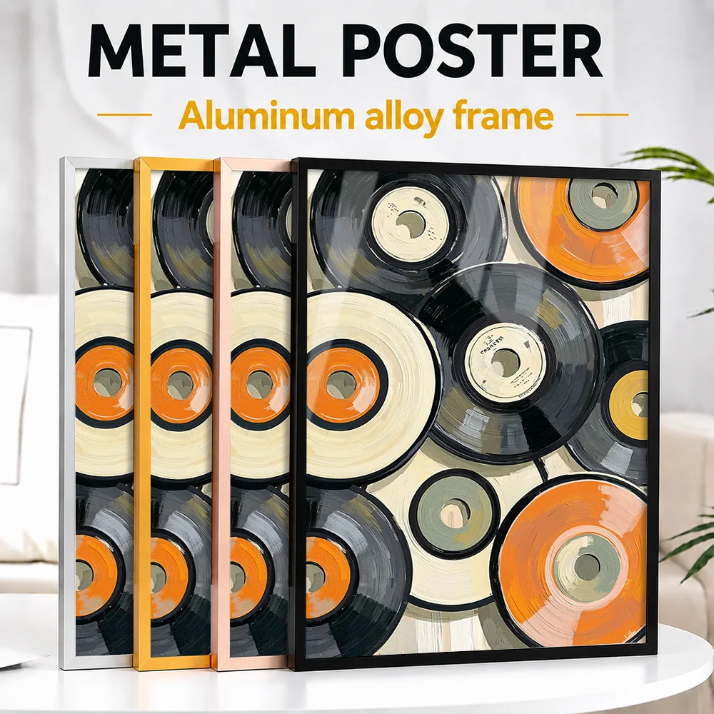 Vinyl Records Abstract Metal Poster With Aluminum Alloy Frame Personalized Photo Refined Shape Style Wall Art For Gallery Hall