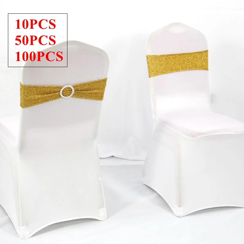 Gold Color Sequin Chair Band Spandex Chair Sash Tie Bow With Buckle For Chair Cover Banquet Wedding  Decoration