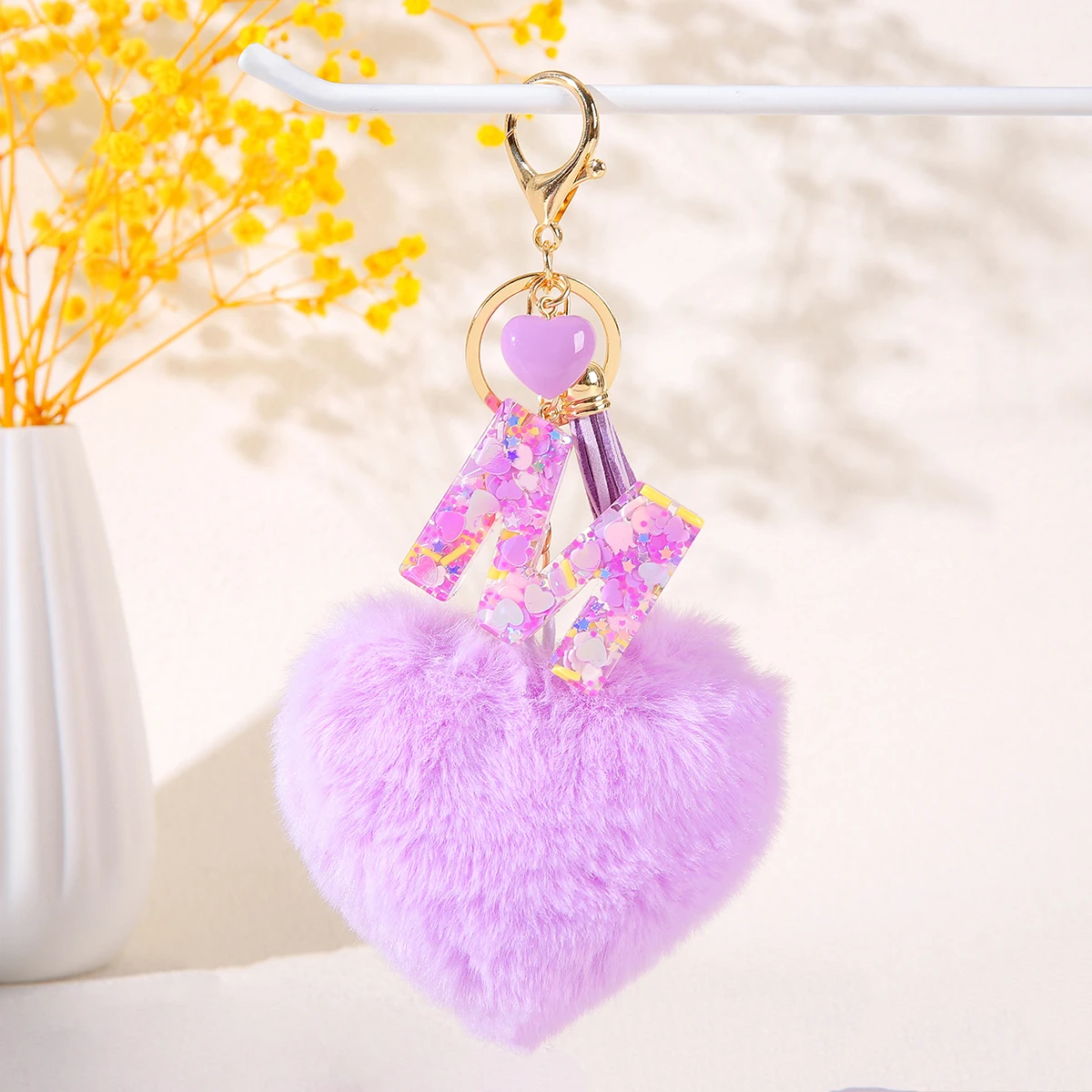 fashion Initial Letter Love-heart shape Pom Pom Keychain Sequin letter Key Ring couple  Backpack Accessory Valentine's Day gift