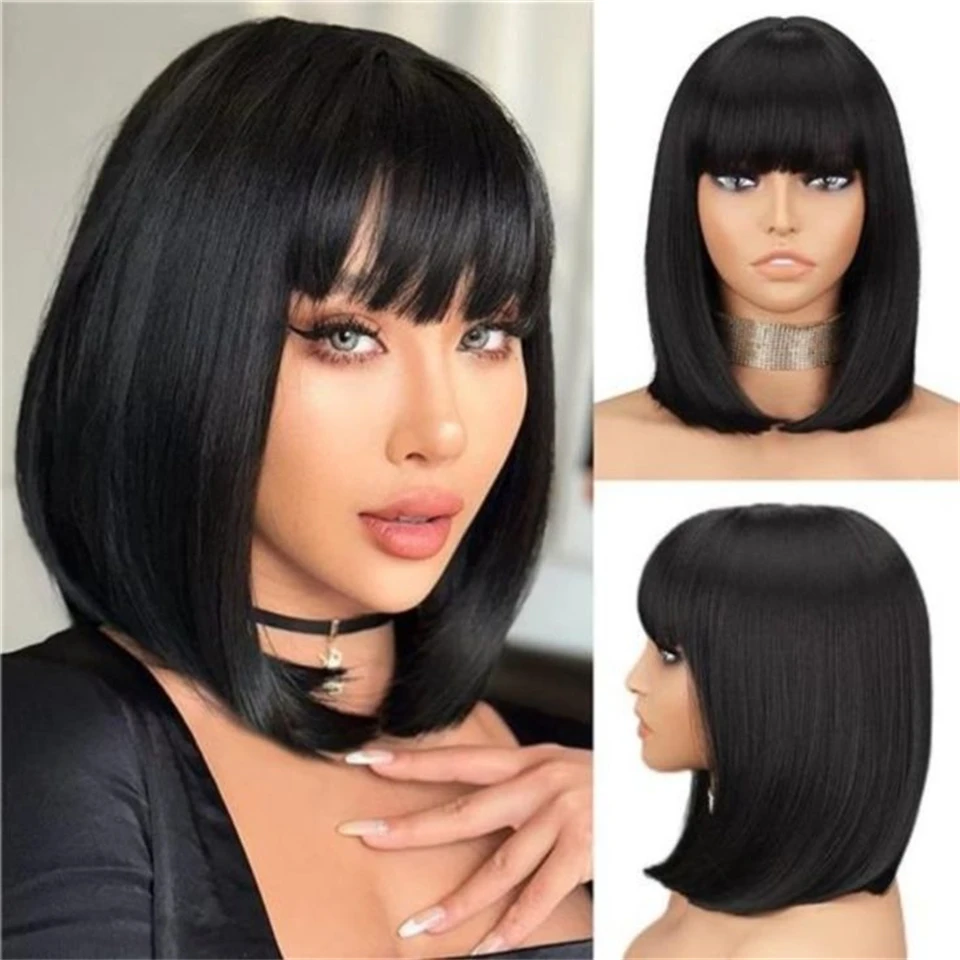 Black Straight Bob Wigs For Black Women Short Bob Wigs With Bangs Bob Wig Natural Looking 100% Human Hair Wig Ready To Wear Hair