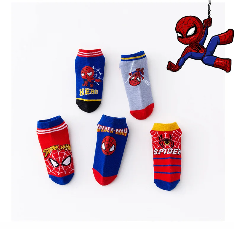 Calcetines cortos de Spiderman para niños, 5 pares, Anime, Kawaii, dibujos animados, verano, primavera, barco, regalo para niños de 1 a 12 años